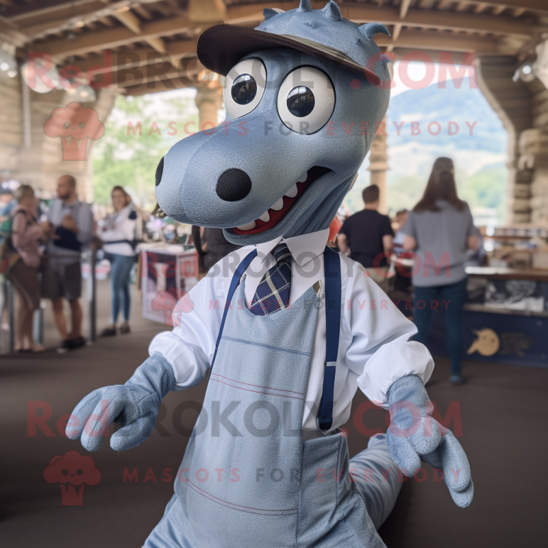 Silver Loch Ness Monster mascot costume character dressed with a Oxford Shirt and Hairpins