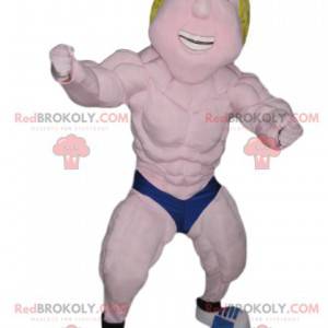 Blonde worstelaar mascotte met een blauwe bokser -