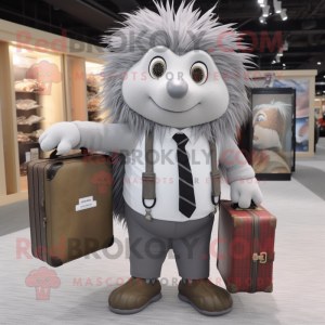 Gray Porcupine mascot costume character dressed with a Dress Shirt and Briefcases