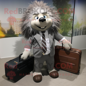 Gray Porcupine mascot costume character dressed with a Dress Shirt and Briefcases
