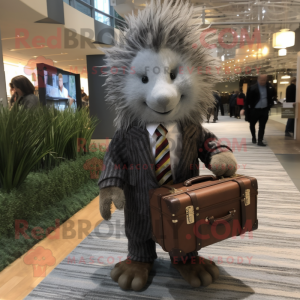 Gray Porcupine mascot costume character dressed with a Dress Shirt and Briefcases