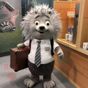 Gray Porcupine mascot costume character dressed with a Dress Shirt and Briefcases