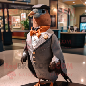 Brown Passenger Pigeon mascot costume character dressed with a Tuxedo and Necklaces