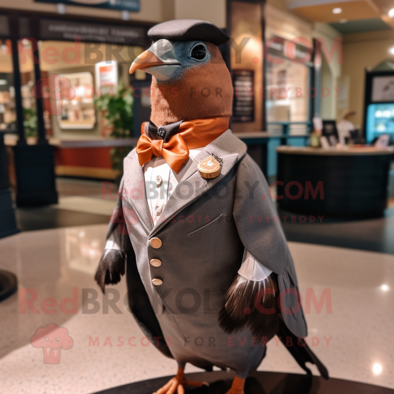 Brown Passenger Pigeon mascot costume character dressed with a Tuxedo and Necklaces