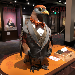 Brown Passenger Pigeon mascot costume character dressed with a Tuxedo and Necklaces
