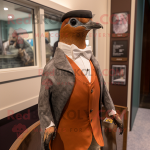 Brown Passenger Pigeon mascot costume character dressed with a Tuxedo and Necklaces