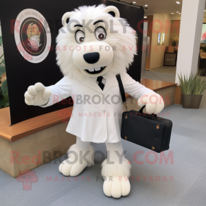 White Tamer Lion mascot costume character dressed with a Dress Shirt and Clutch bags