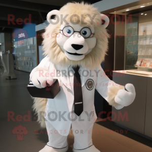 White Tamer Lion mascot costume character dressed with a Dress Shirt and Clutch bags