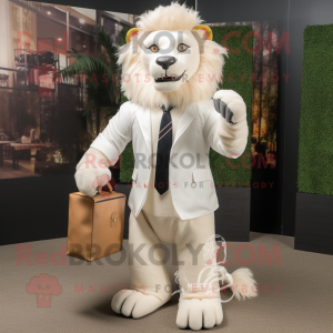 White Tamer Lion mascot costume character dressed with a Dress Shirt and Clutch bags