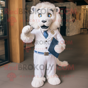 White Tamer Lion mascot costume character dressed with a Dress Shirt and Clutch bags