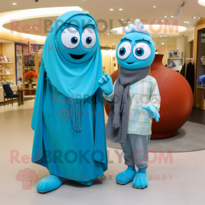 Turquoise Engagement Ring mascot costume character dressed with a Boyfriend Jeans and Shawls