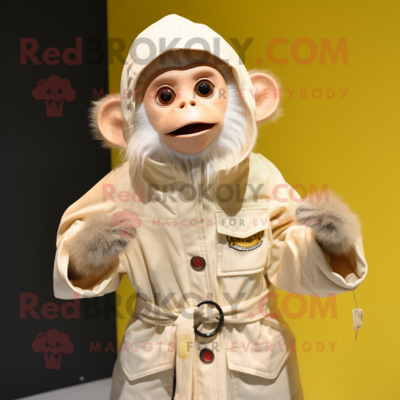 Cream Capuchin Monkey mascot costume character dressed with a Raincoat and Shoe clips Cream Capuchin Monkey mascot costume character dressed with a Raincoat and Shoe clips