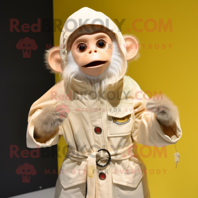 Cream Capuchin Monkey mascot costume character dressed with a Raincoat and Shoe clips