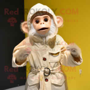 Cream Capuchin Monkey mascot costume character dressed with a Raincoat and Shoe clips