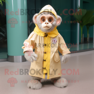 Cream Capuchin Monkey mascot costume character dressed with a Raincoat and Shoe clips
