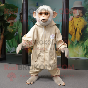 Cream Capuchin Monkey mascot costume character dressed with a Raincoat and Shoe clips