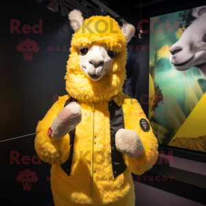 Yellow Alpaca mascot costume character dressed with a Bomber Jacket and Headbands