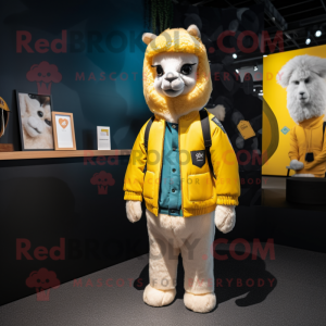 Yellow Alpaca mascot costume character dressed with a Bomber Jacket and Headbands