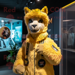 Yellow Alpaca mascot costume character dressed with a Bomber Jacket and Headbands