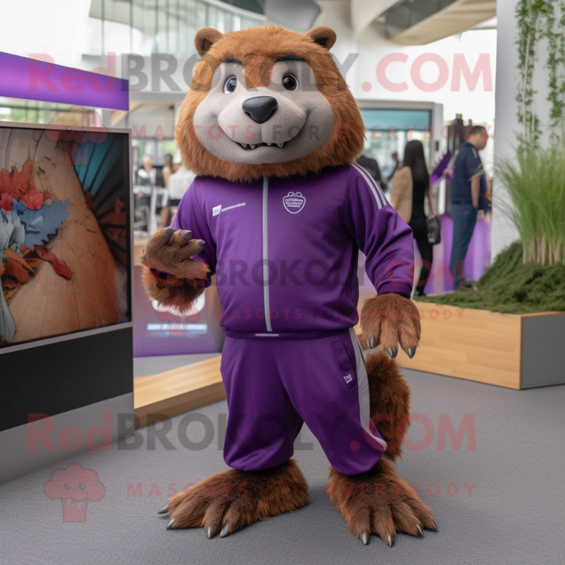 Purple Beaver mascot costume character dressed with a Joggers and Earrings