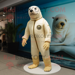 Cream Sea Lion mascot costume character dressed with a Rash Guard and Foot pads