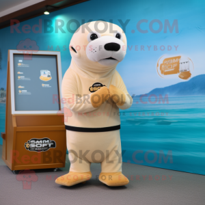 Cream Sea Lion mascot costume character dressed with a Rash Guard and Foot pads