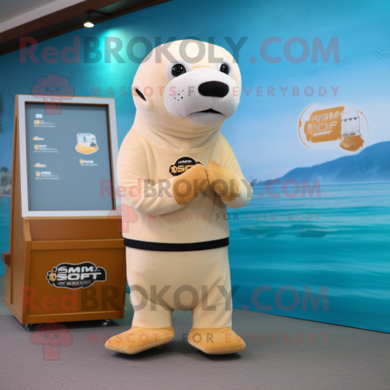 Cream Sea Lion mascot costume character dressed with a Rash Guard and Foot pads