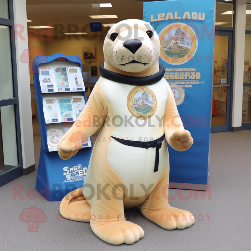 Cream Sea Lion mascot costume character dressed with a Rash Guard and Foot pads