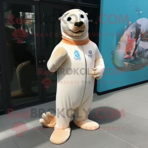 Cream Sea Lion mascot costume character dressed with a Rash Guard and Foot pads