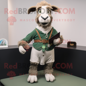 Olive Goat mascot costume character dressed with a Cardigan and Belts