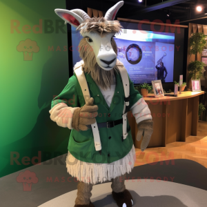 Olive Goat mascot costume character dressed with a Cardigan and Belts