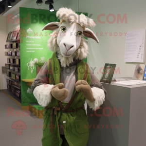 Olive Goat mascot costume character dressed with a Cardigan and Belts