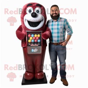 Maroon Gumball Machine mascot costume character dressed with a Flannel Shirt and Ties