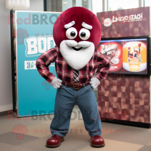 Maroon Gumball Machine mascot costume character dressed with a Flannel Shirt and Ties