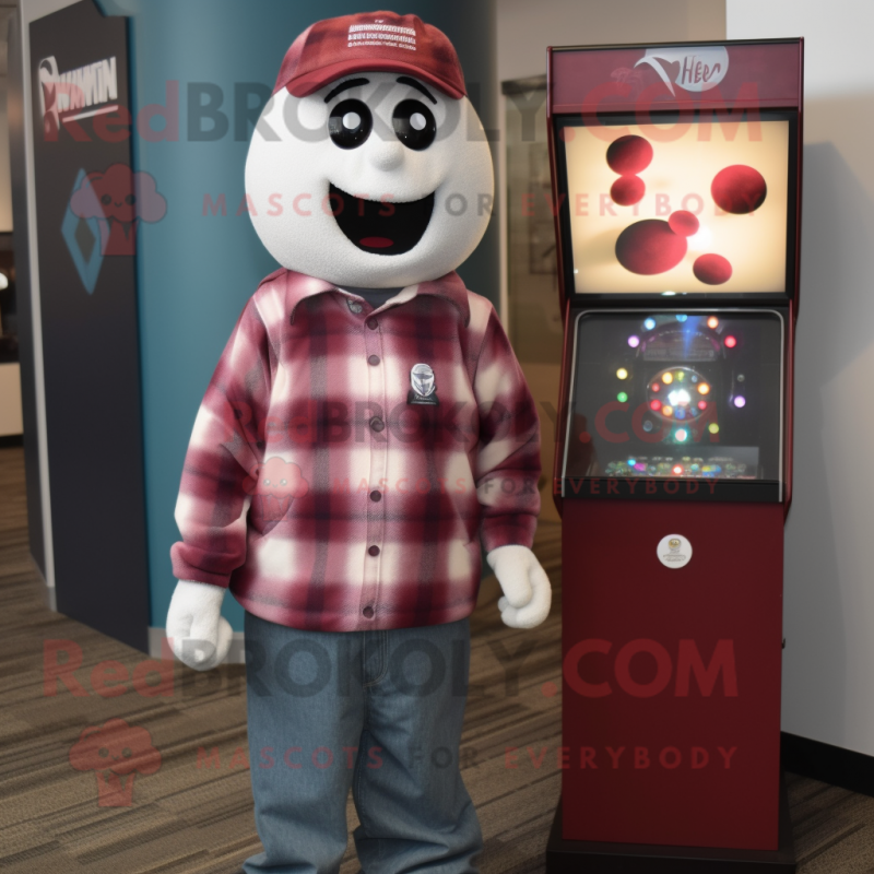 Maroon Gumball Machine mascot costume character dressed with a Flannel Shirt and Ties