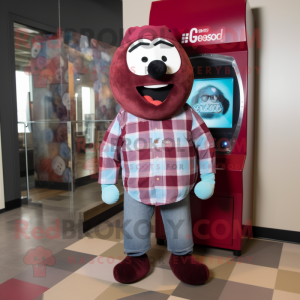 Maroon Gumball Machine mascot costume character dressed with a Flannel Shirt and Ties