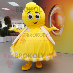 Lemon Yellow Shakshuka mascot costume character dressed with a Circle Skirt and Handbags