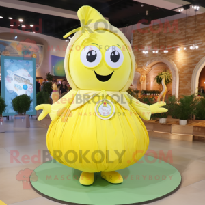 Lemon Yellow Shakshuka mascot costume character dressed with a Circle Skirt and Handbags