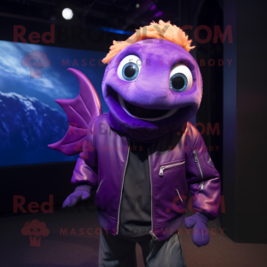 Purple Goldfish mascot costume character dressed with a Leather Jacket and Headbands
