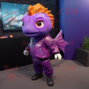 Purple Goldfish mascot costume character dressed with a Leather Jacket and Headbands