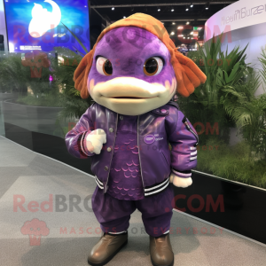 Purple Goldfish mascot costume character dressed with a Leather Jacket and Headbands