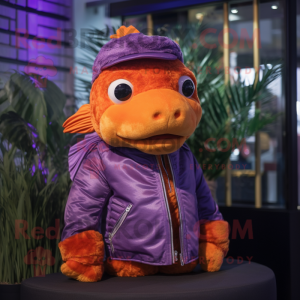 Purple Goldfish mascot costume character dressed with a Leather Jacket and Headbands