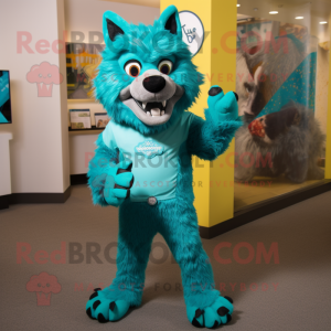 Turquoise Say Wolf mascot costume character dressed with a Playsuit and Ties