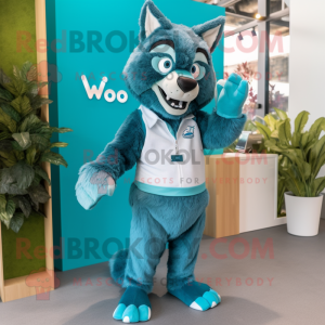 Turquoise Say Wolf mascot costume character dressed with a Playsuit and Ties