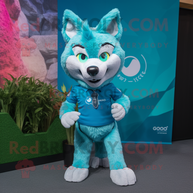 Turquoise Say Wolf mascot costume character dressed with a Playsuit and Ties Turquoise Say Wolf mascot costume character dressed with a Playsuit and Ties