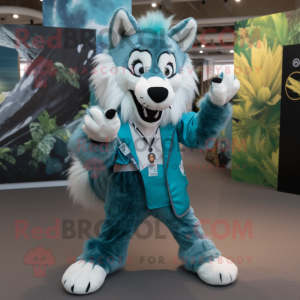 Turquoise Say Wolf mascot costume character dressed with a Playsuit and Ties