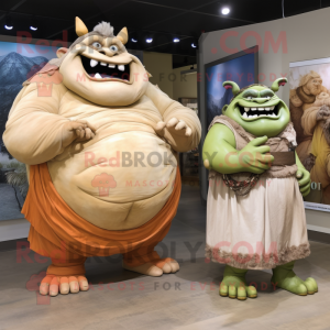 Tan Ogre mascot costume character dressed with a Maxi Dress and Wraps