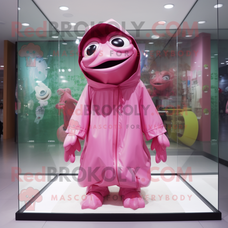 Pink Frog mascot costume character dressed with a Raincoat and Earrings Pink Frog mascot costume character dressed with a Raincoat and Earrings
