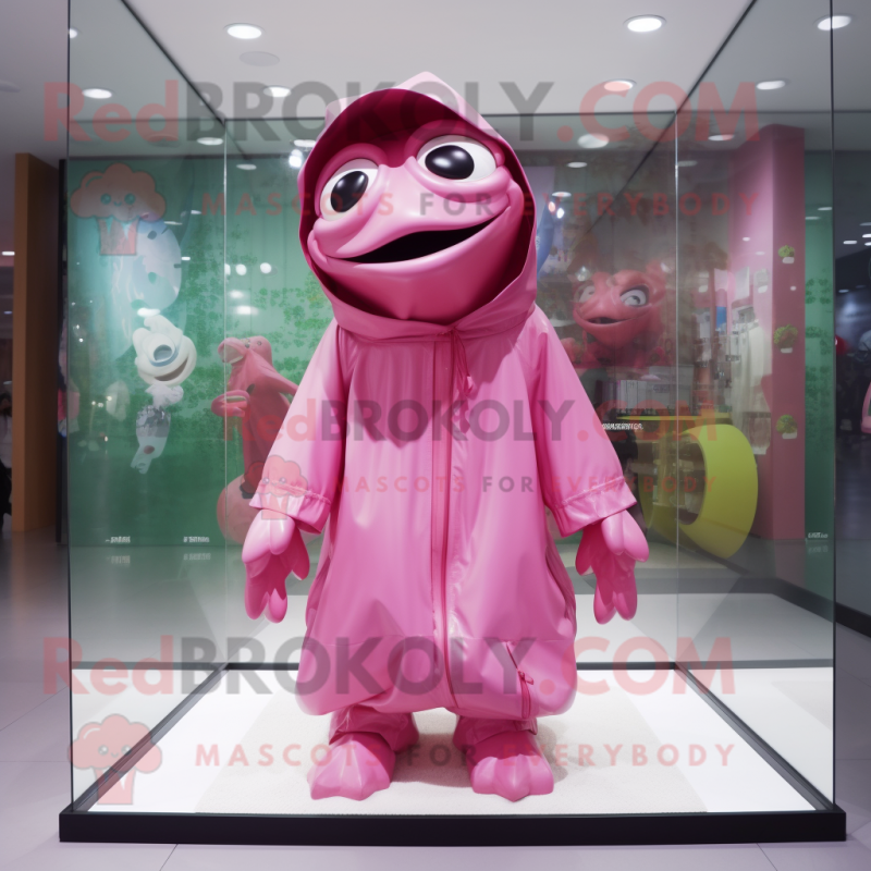 Pink Frog mascot costume character dressed with a Raincoat and Earrings