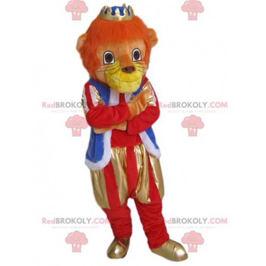 Leeuw mascotte met een outfit en een gouden kroon -